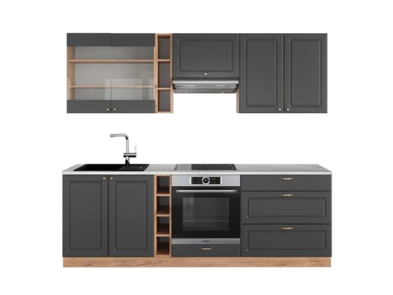 Vicco Fame-Line Küchenzeile Anthrazit Landhaus/Goldkraft Eiche 235 cm AP Marmor ohne E-Geräte