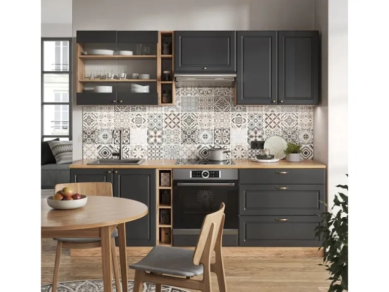 Vicco Fame-Line Küchenzeile Anthrazit Landhaus/Goldkraft Eiche 235 cm AP Marmor ohne E-Geräte