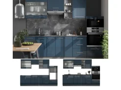 Vicco Fame-Line Küchenzeile Dunkelblau Hochglanz/Anthrazit 280 cm AP Eiche ohne E-Geräte