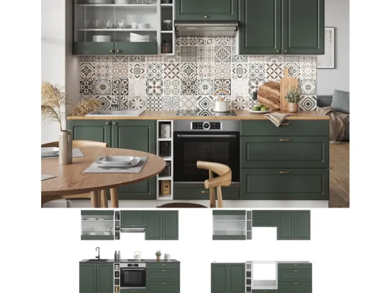 Vicco Fame-Line Küchenzeile Grün-Gold Landhaus/Weiß 235 cm ohne Arbeitsplatte ohne E-Geräte