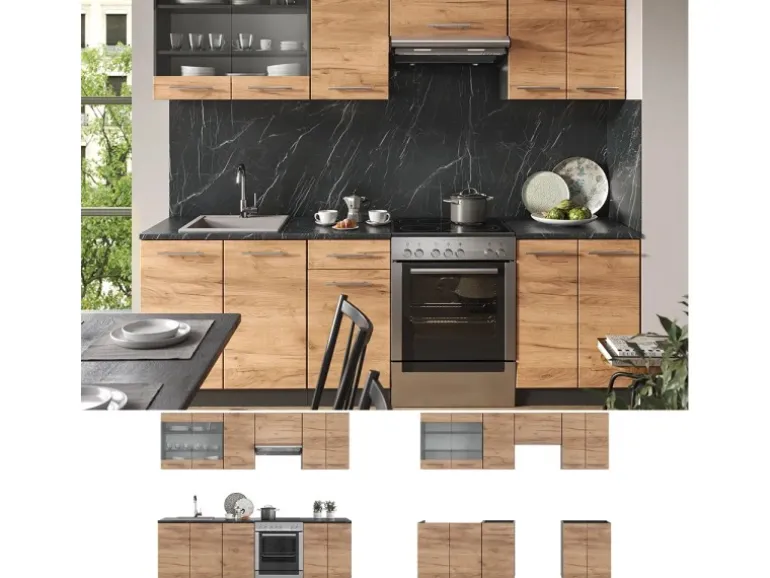 Vicco Fame-Line Küchenzeile Goldkraft Eiche/Anthrazit 240 cm AP Marmor ohne E-Geräte