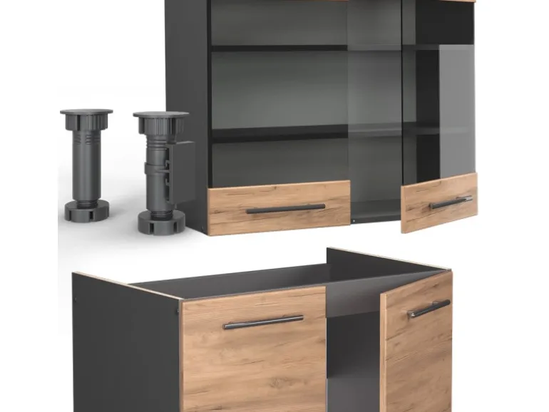 Vicco Fame-Line Küchenzeile Goldkraft Eiche/Anthrazit 240 cm AP Marmor ohne E-Geräte