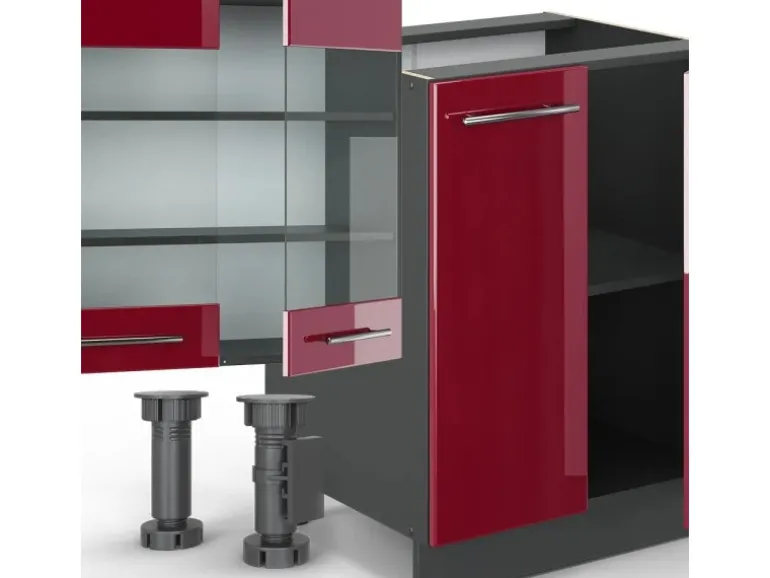 Vicco Fame-Line Küchenzeile Bordeaux Hochglanz/Anthrazit 300 cm mit HochschrankAP Marmor ohne E-Geräte