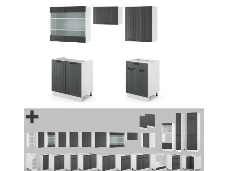 Vicco Fame-Line Küchenzeile Anthrazit Landhaus/Weiß 200 cm ohne Arbeitsplatte ohne E-Geräte