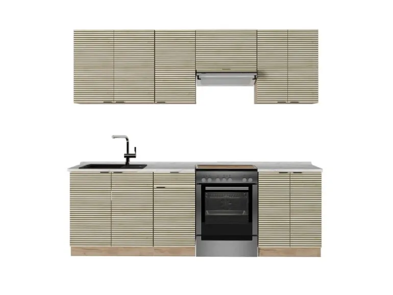 Vicco Fame-Line Komplettküche Eiche Paneel/Goldkraft Eiche 240 cm AP Marmor ohne E-Geräte