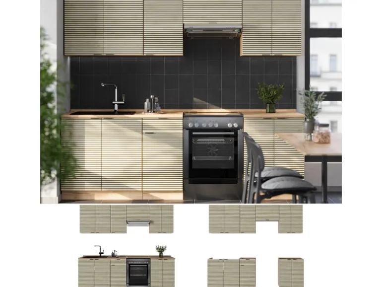 Vicco Fame-Line Komplettküche Eiche Paneel/Goldkraft Eiche 240 cm AP Marmor ohne E-Geräte