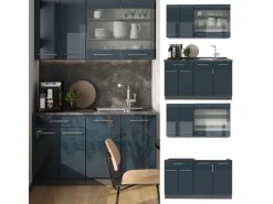 Vicco Fame-Line Singleküche Dunkelblau Hochglanz/Anthrazit 140 cm AP Marmor ohne E-Geräte