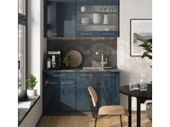 Vicco Fame-Line Singleküche Dunkelblau Hochglanz/Anthrazit 140 cm AP Marmor ohne E-Geräte