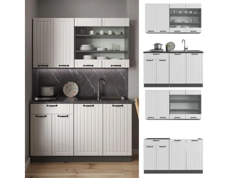 Vicco Fame-Line Singleküche Weiß Landhaus/Anthrazit 140 cm AP Eiche ohne E-Geräte