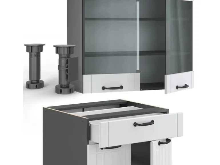 Vicco Fame-Line Singleküche Weiß Landhaus/Anthrazit 140 cm AP Eiche ohne E-Geräte