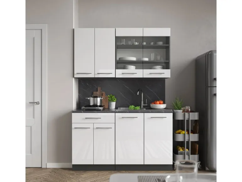 Vicco Fame-Line Singleküche Weiß Hochglanz/Anthrazit 140 cm AP Marmor ohne E-Geräte