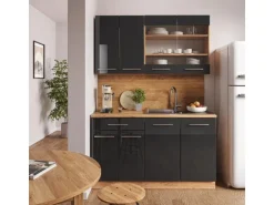 Vicco Fame-Line Singleküche Anthrazit Hochglanz/Goldkraft Eiche 140 cm AP Marmor ohne E-Geräte