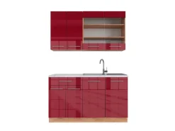 Vicco Fame-Line Singleküche Bordeaux Hochglanz/Goldkraft Eiche 140 cm AP Marmor ohne E-Geräte