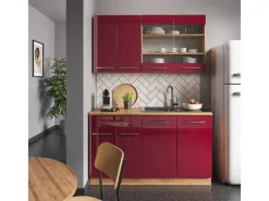 Vicco Fame-Line Singleküche Bordeaux Hochglanz/Goldkraft Eiche 140 cm AP Marmor ohne E-Geräte