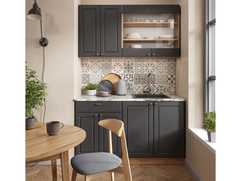 Vicco Fame-Line Singleküche Anthrazit Landhaus/Goldkraft Eiche 140 cm AP Marmor ohne E-Geräte