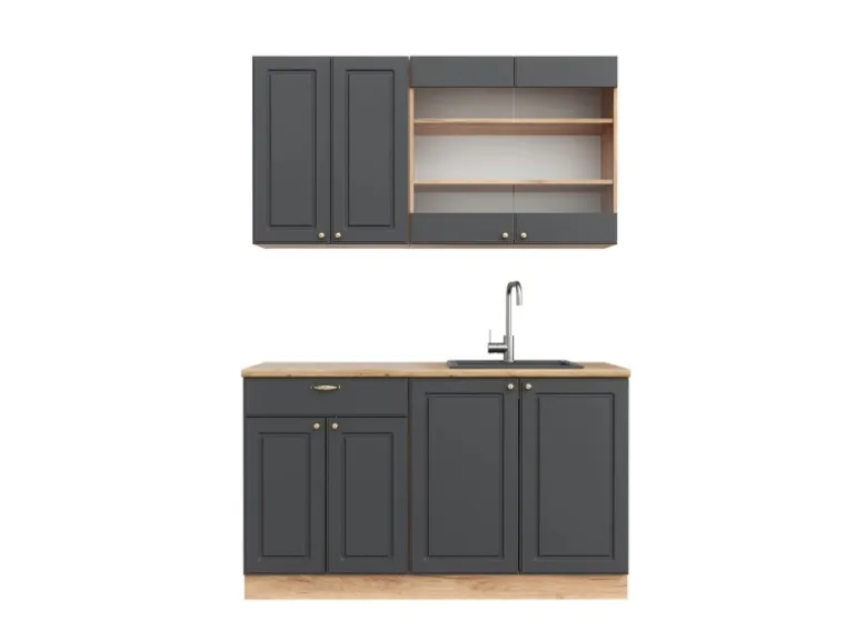 Vicco Fame-Line Singleküche Anthrazit Landhaus/Goldkraft Eiche 140 cm AP Eiche ohne E-Geräte