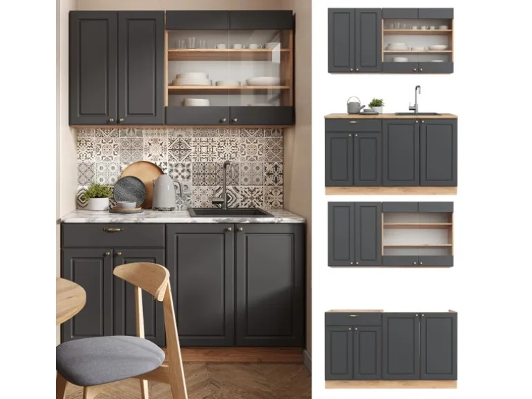 Vicco Fame-Line Singleküche Anthrazit Landhaus/Goldkraft Eiche 140 cm AP Eiche ohne E-Geräte