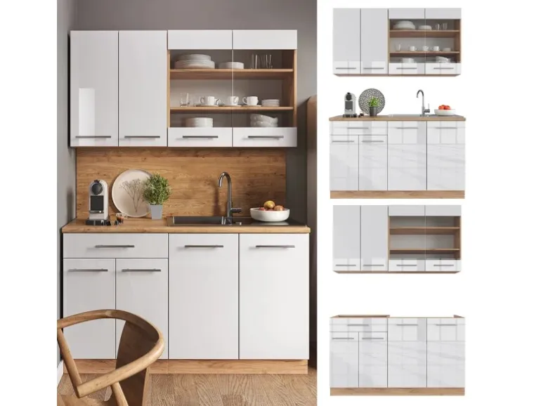 Vicco Fame-Line Singleküche Weiß Hochglanz/Goldkraft Eiche 140 cm ohne Arbeitsplatte ohne E-Geräte