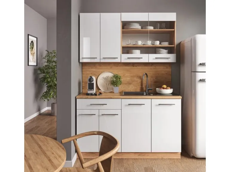 Vicco Fame-Line Singleküche Weiß Hochglanz/Goldkraft Eiche 140 cm ohne Arbeitsplatte ohne E-Geräte