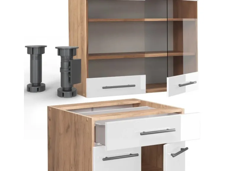 Vicco Fame-Line Singleküche Weiß Hochglanz/Goldkraft Eiche 140 cm ohne Arbeitsplatte ohne E-Geräte