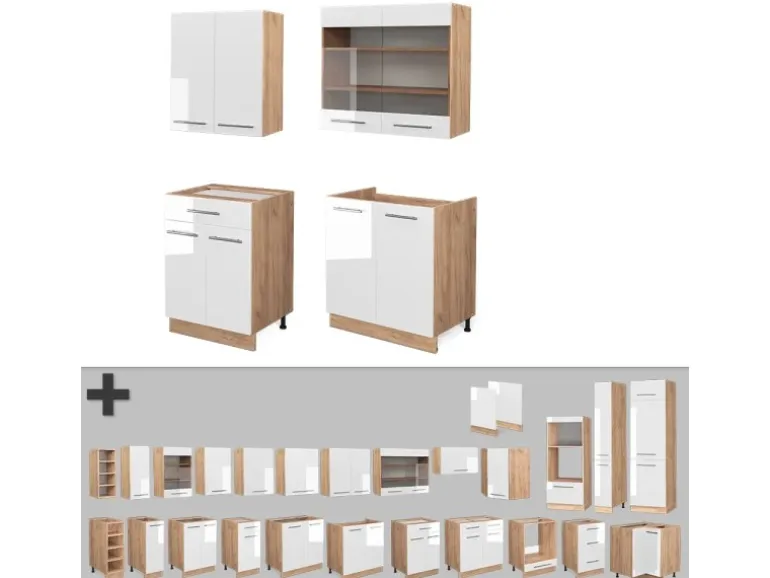 Vicco Fame-Line Singleküche Weiß Hochglanz/Goldkraft Eiche 140 cm ohne Arbeitsplatte ohne E-Geräte