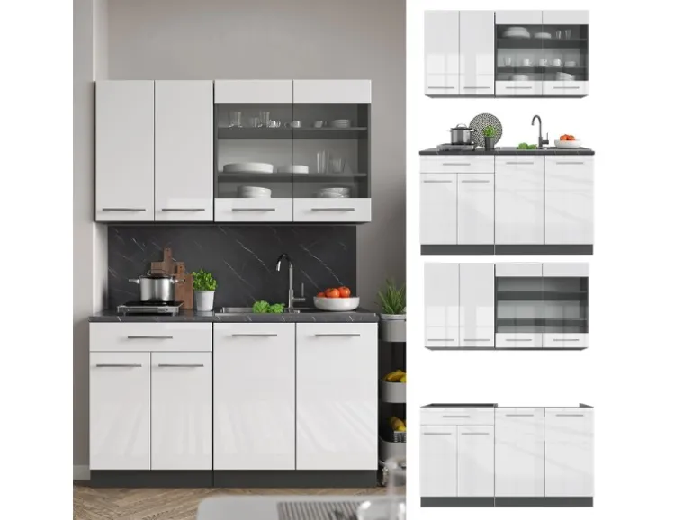 Vicco Fame-Line Singleküche Weiß Hochglanz/Anthrazit 140 cm AP Eiche ohne E-Geräte