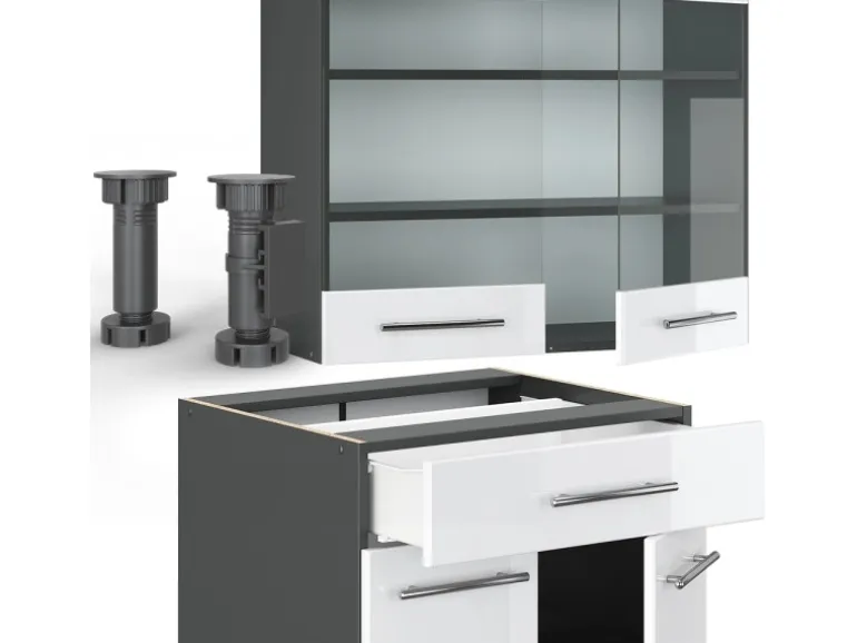 Vicco Fame-Line Singleküche Weiß Hochglanz/Anthrazit 140 cm AP Eiche ohne E-Geräte