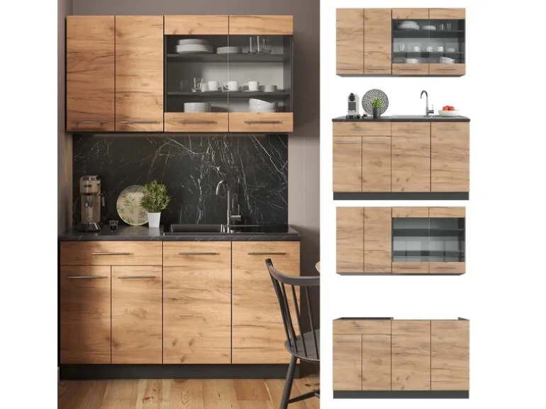 Vicco Fame-Line Singleküche Goldkraft Eiche/Anthrazit 140 cm AP Eiche ohne E-Geräte