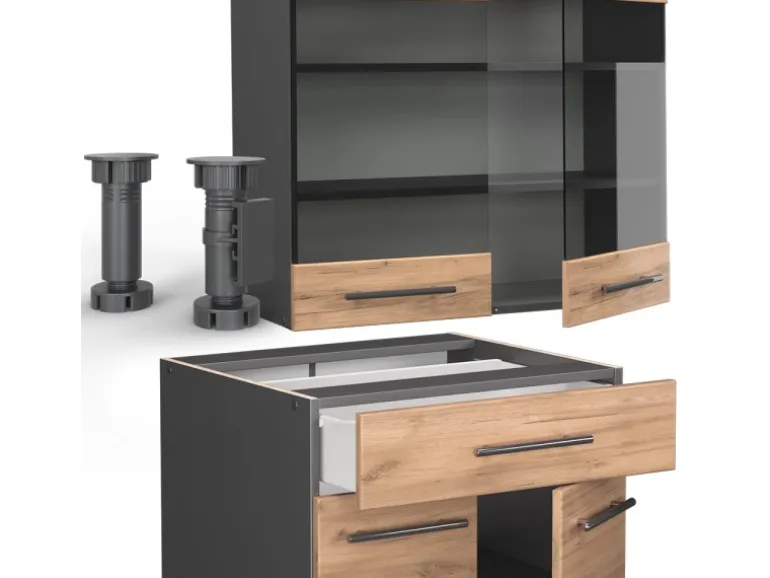 Vicco Fame-Line Singleküche Goldkraft Eiche/Anthrazit 140 cm AP Eiche ohne E-Geräte