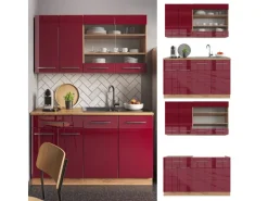 Vicco Fame-Line Singleküche Bordeaux Hochglanz/Goldkraft Eiche 140 cm AP Eiche ohne E-Geräte