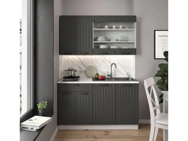 Vicco Fame-Line Singleküche Anthrazit Landhaus/Weiß 140 cm AP Marmor ohne E-Geräte