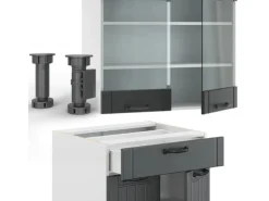 Vicco Fame-Line Singleküche Anthrazit Landhaus/Weiß 140 cm AP Marmor ohne E-Geräte