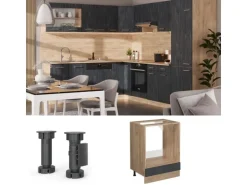 Vicco Herdumbauschrank R-Line Schwarz Beton/Goldkraft Eiche 60 cm AP Marmor