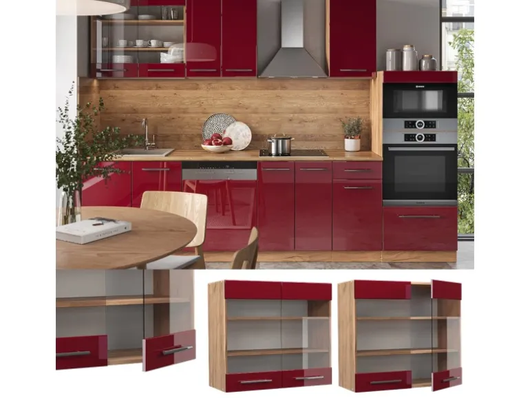 Vicco Küchenglasschrank Fame-Line Bordeaux Hochglanz/Goldkraft Eiche 80 cm