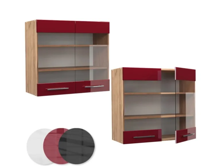 Vicco Küchenglasschrank Fame-Line Bordeaux Hochglanz/Goldkraft Eiche 80 cm