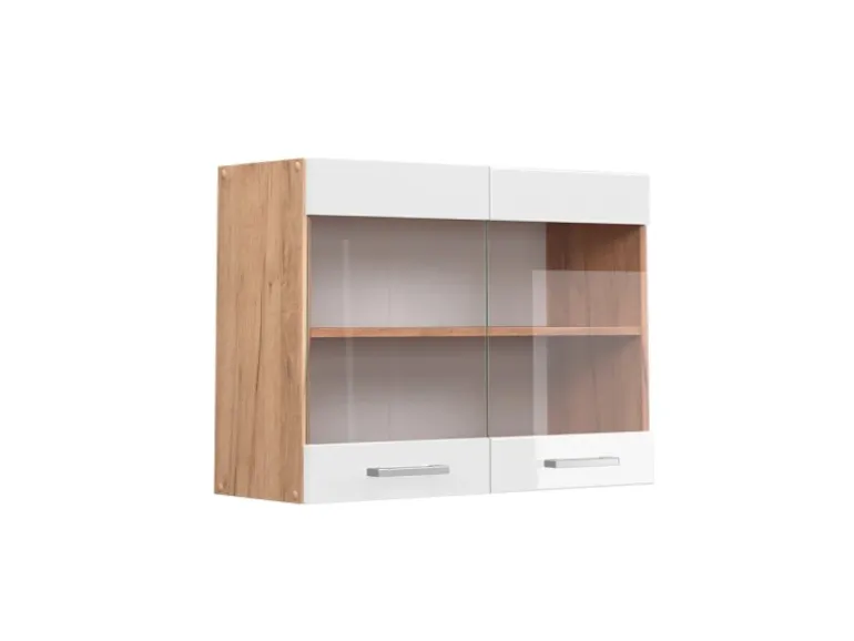 Vicco Küchenglasschrank R-Line Glashängeschrank Weiß Hochglanz/Goldkraft Eiche 80 cm