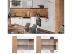 Vicco Küchenglasschrank R-Line Glashängeschrank Weiß Hochglanz/Goldkraft Eiche 80 cm