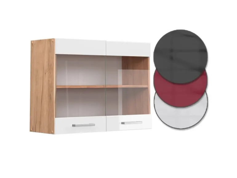 Vicco Küchenglasschrank R-Line Glashängeschrank Weiß Hochglanz/Goldkraft Eiche 80 cm