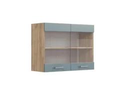 Vicco Küchenglasschrank R-Line Glashängeschrank Blau-Grau/Goldkraft Eiche 80 cm