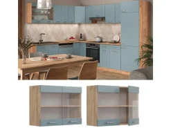 Vicco Küchenglasschrank R-Line Glashängeschrank Blau-Grau/Goldkraft Eiche 80 cm