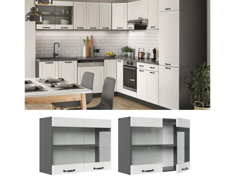 Vicco Küchenglasschrank R-Line Glashängeschrank Weiß Landhaus/Anthrazit 80 cm