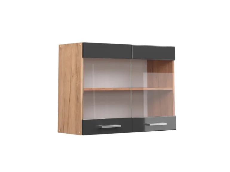 Vicco Küchenglasschrank R-Line Anthrazit Hochglanz/Goldkraft Eiche 80 cm