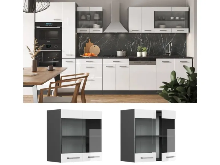 Vicco Küchenglasschrank R-Line Glashängeschrank Weiß Hochglanz/Anthrazit 60 cm