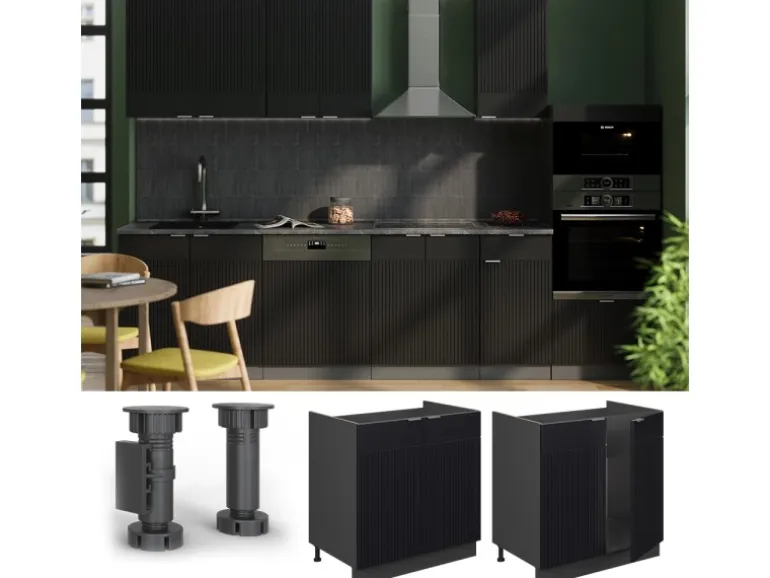 Vicco Küchenschränke Fame-Line Küchenunterschrank für die Spüle Schwarz Gestreift 80 cm AP Marmor