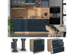 Vicco Küchenunterschrank Fame-Line Dunkelblau Hochglanz/Goldkraft Eiche 80 cm mit 3 Schubladen ohne Arbeitsplatte