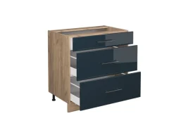 Vicco Küchenunterschrank Fame-Line Dunkelblau Hochglanz/Goldkraft Eiche 80 cm mit 3 Schubladen ohne Arbeitsplatte
