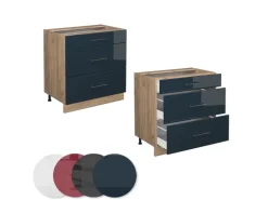 Vicco Küchenunterschrank Fame-Line Dunkelblau Hochglanz/Goldkraft Eiche 80 cm mit 3 Schubladen ohne Arbeitsplatte