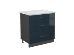 Vicco Küchenunterschrank Fame-Line Dunkelblau Hochglanz/Anthrazit 80 cm mit 3 Schubladen AP Marmor