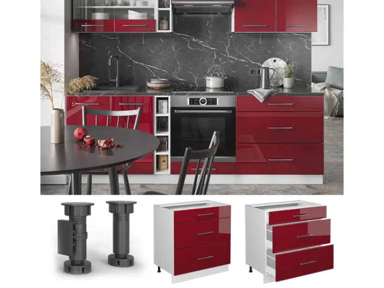 Vicco Küchenunterschrank Fame-Line Bordeaux Hochglanz/Weiß 80 cm mit 3 Schubladen AP Marmor