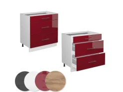 Vicco Küchenunterschrank Fame-Line Bordeaux Hochglanz/Weiß 80 cm mit 3 Schubladen AP Marmor